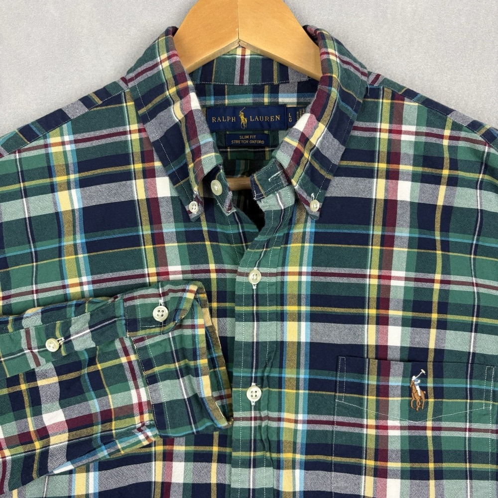 Polo Ralph Lauren Oxford Shirt Men's Large Green Plaid Flesh Pony Long Sleeve